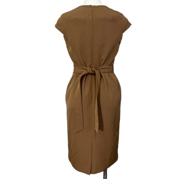 Kasper Brown Self Tie Belt Seamed Notched Neckline Sheath Dress - Picture 3 of 8